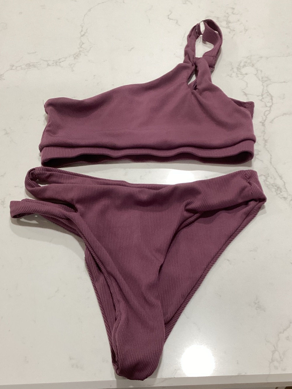 SHEIN Ribbed One-Shoulder Bikini Set in Mauve